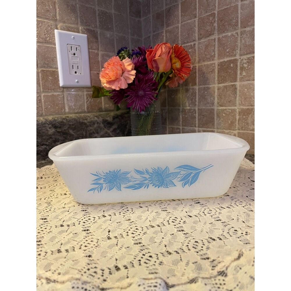 Vintage 1960s MCM Glasbake Blue Thistle Milk Glass Loaf Pan J-522